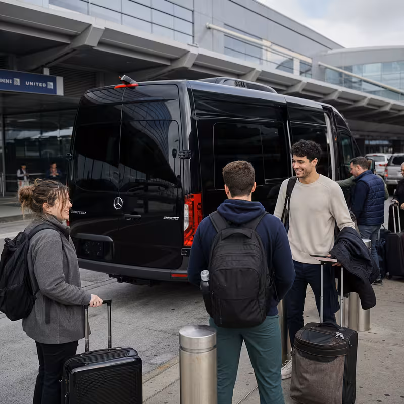 Group boarding a white charter bus for Airport Transportation transportation in Newark