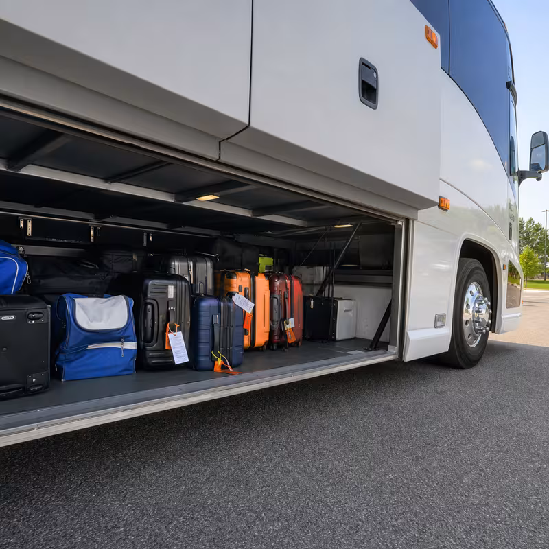 Party bus interior with wraparound leather seating and LED lighting in Newark
