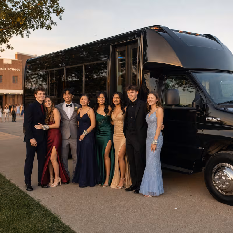 Group boarding a white charter bus for Prom & Homecoming Transportation transportation in Newark