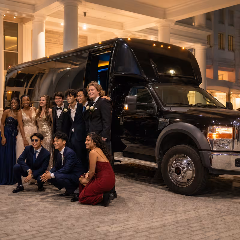 Party bus interior with wraparound leather seating and LED lighting in Newark