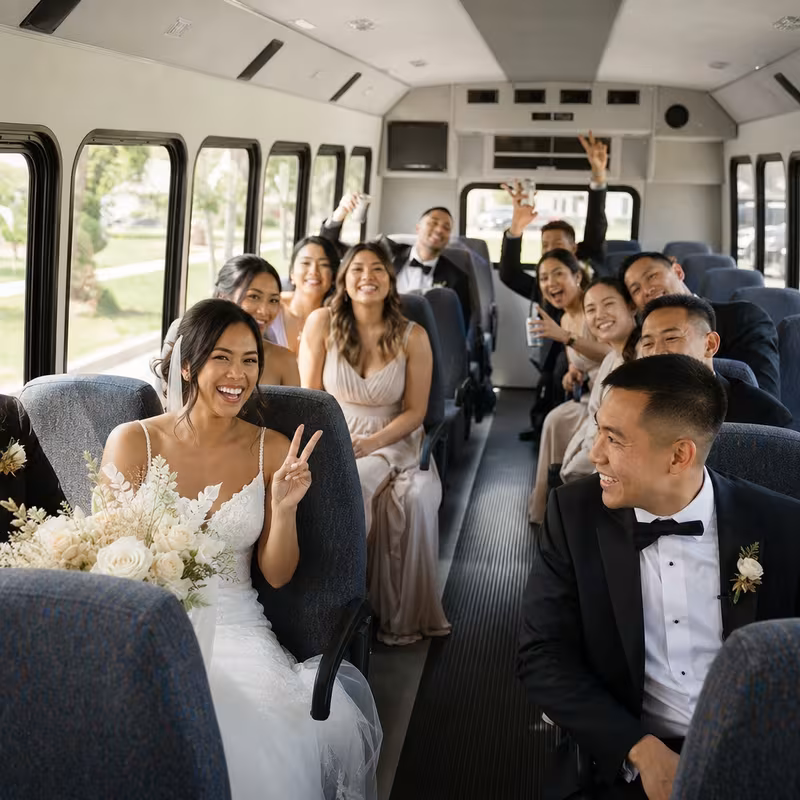 Group boarding a white charter bus for Wedding Transportation transportation in Newark